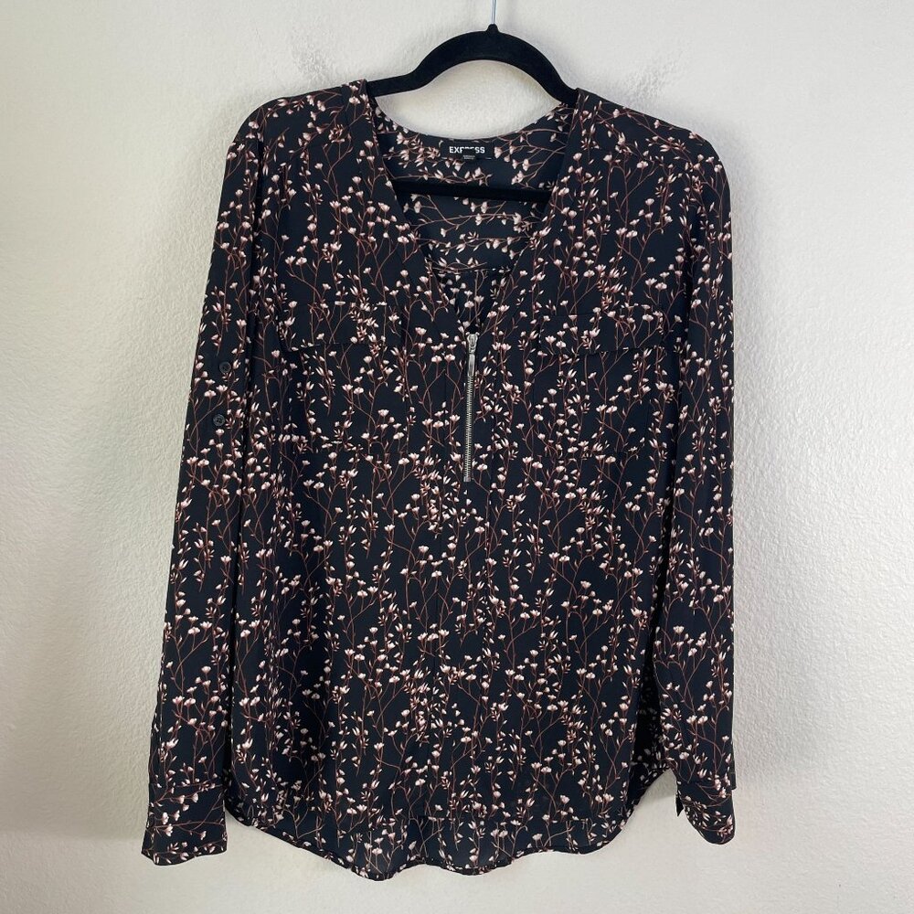 Express Womens Large Floral Zip Front V Neck Blouse Roll Tab Sleeve Shirt Top